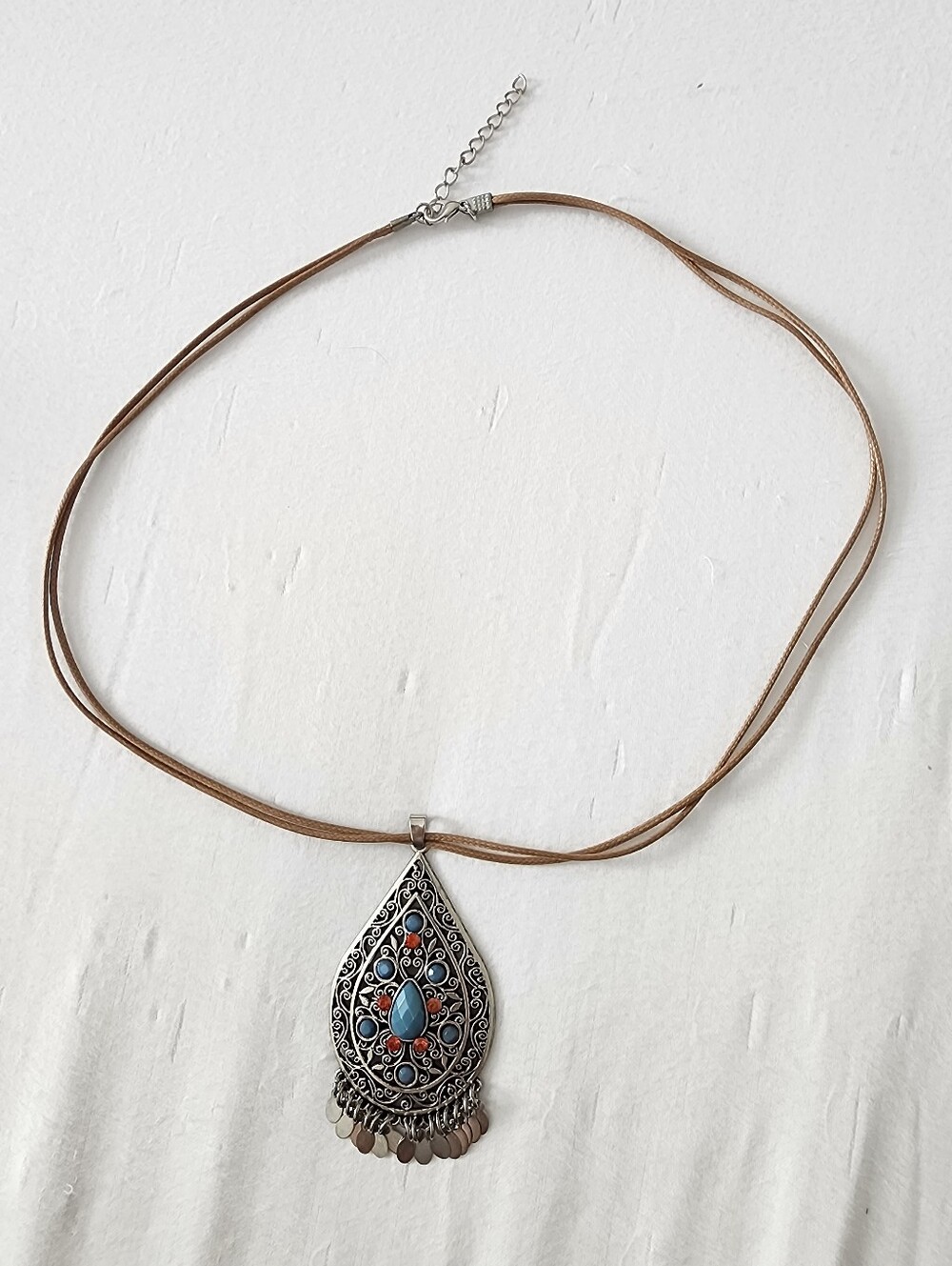Bohemian Teardrop Pendant Necklace - Brown with Turquoise & Coral Accents